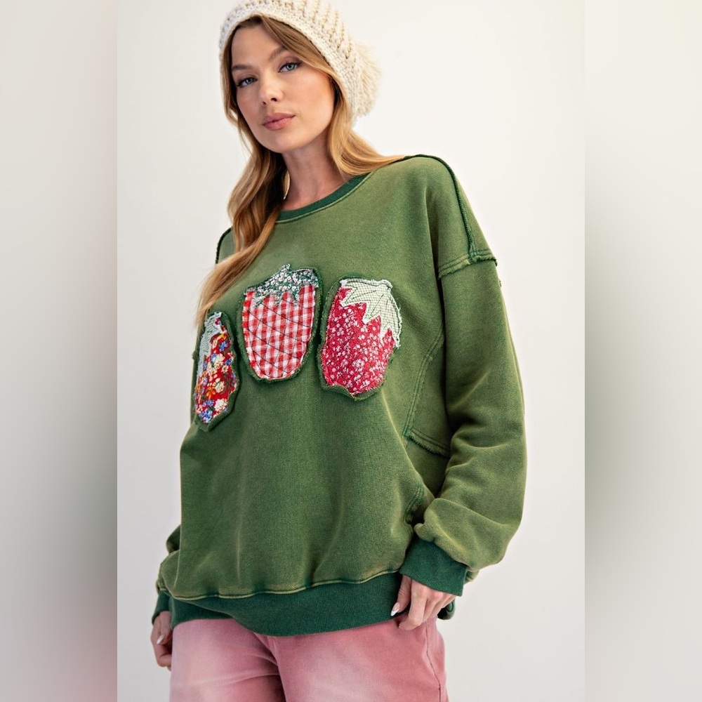 #189 Last 1! New Easel Green Sweatshirt with Strawberry Patches - Picture 3 of 5
